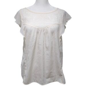 Whimsy Fairy Cream Flutter Sleeve Peasant Blouse Sheer Embroidered Yoke Small